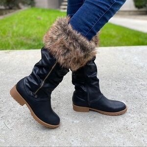 Black Vegan Leather Mid Calve Slouchy Riding Boots